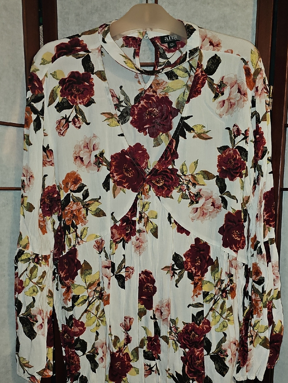 a.n.a Floral Keyhole Mock Neck Blouse in Ivory, Burgundy, Mustard